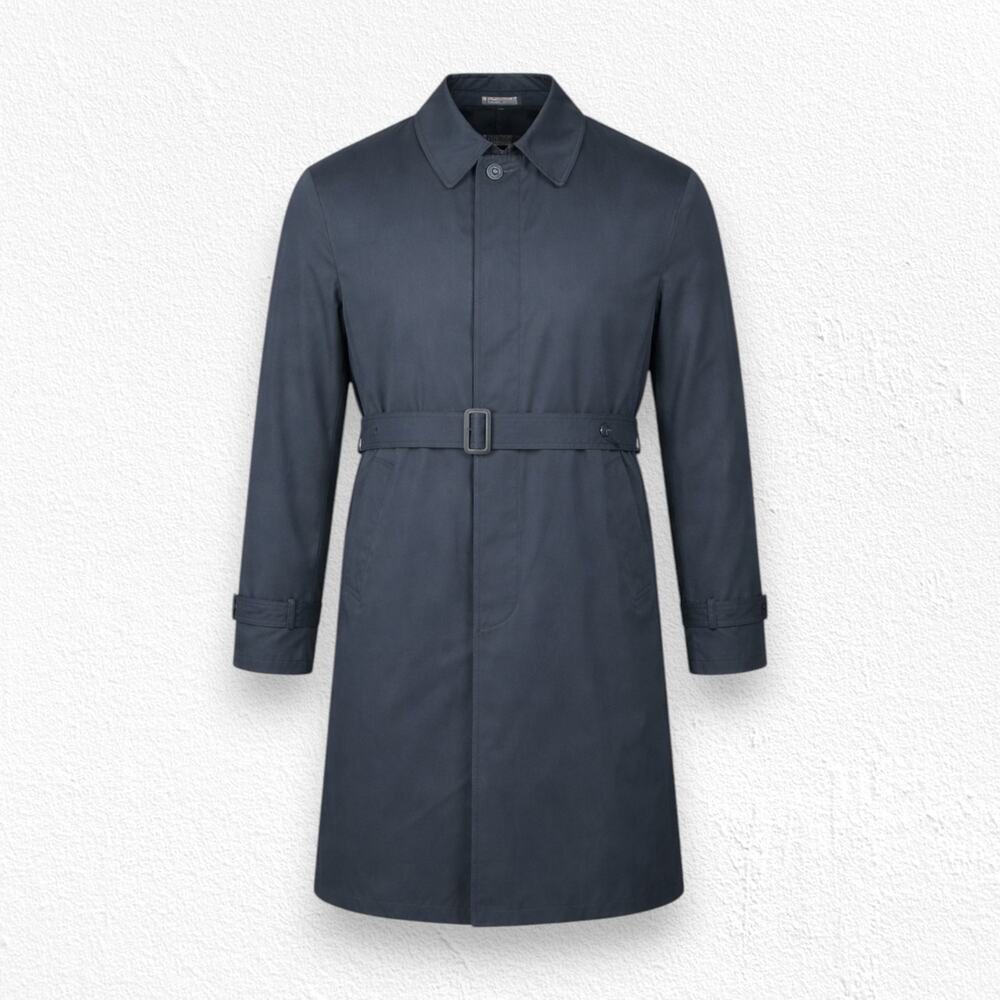 London Fog Navy Belted Trench Coat Plaid Removable Liner Jacket Size 42 Short